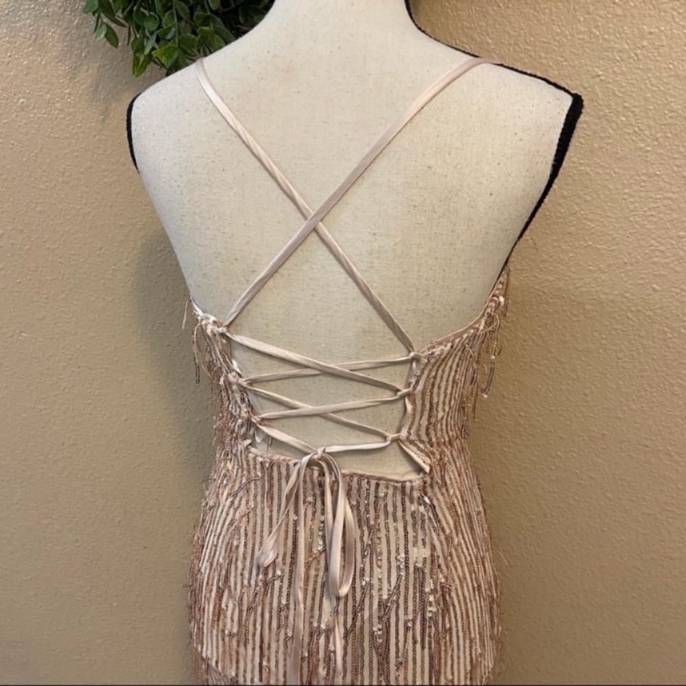 Endless Festivities Rose Gold Sequin Fringe Lace-Up Maxi Dress - Picture 11 of 15